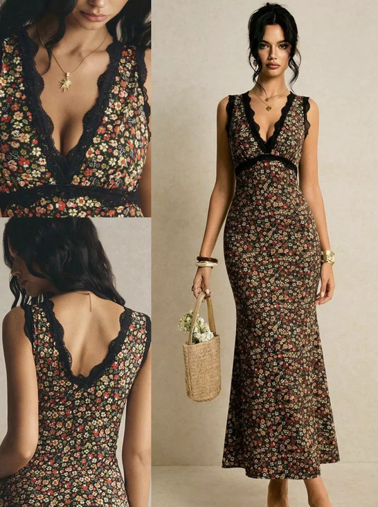Dresses & Skirts - ZARA Floral Print Long Spaghetti Strap Lace Dress